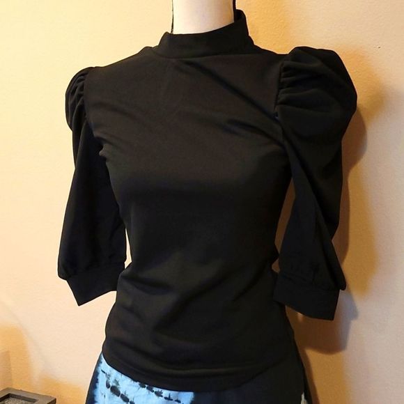 Sleeve Mock Neck Fitted Keyhole Trend Top sz Med or Large in True Black - Picture 3 of 8